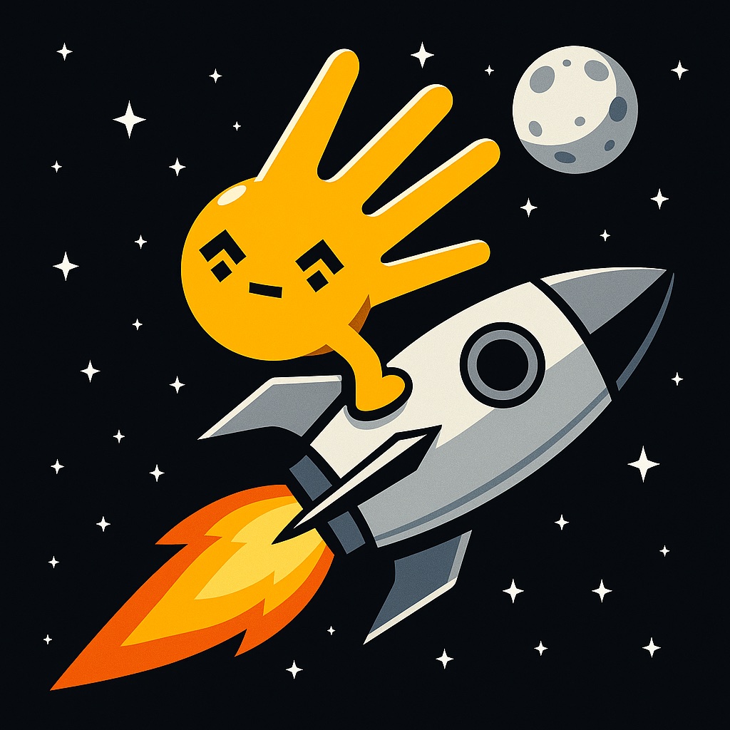 Rocket lifting off from a golden launch pad